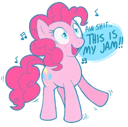 Size: 605x598 | Tagged: safe, artist:stephastated, derpibooru import, pinkie pie, earth pony, pony, music notes, simple background, solo, this is my jam, transparent background, vulgar