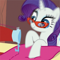 Size: 200x200 | Tagged: animated, art of the dress, cropped, derpibooru import, glasses, loop, rarity, rarity's glasses, safe, screencap, sewing, sewing machine, solo, suited for success