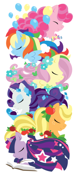Size: 1100x2501 | Tagged: safe, artist:raygirl, derpibooru import, applejack, fluttershy, pinkie pie, rainbow dash, rarity, twilight sparkle, earth pony, pegasus, pony, unicorn, apple, book, candy, eyes closed, female, flower, flower in hair, food, horn, lineless, mane six, mare, quill, simple background, spread wings, stars, totem, transparent background, wings