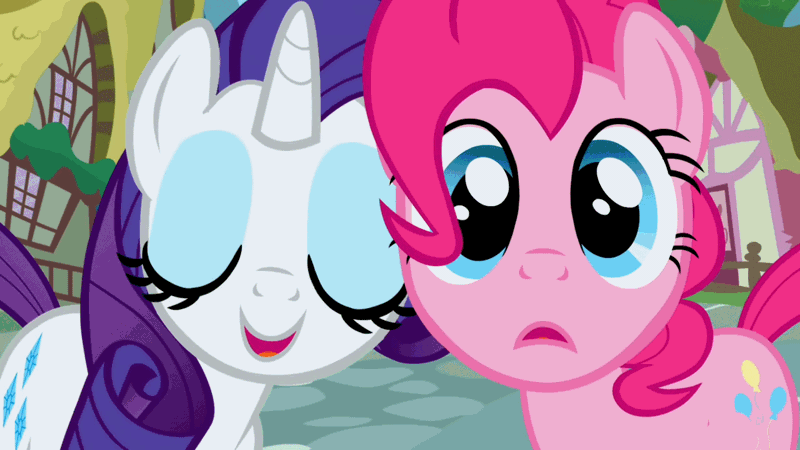 Size: 1280x720 | Tagged: animated, blinking, derpibooru import, duo, looking at you, pinkie pie, rarity, safe, screencap, smiling, the ticket master
