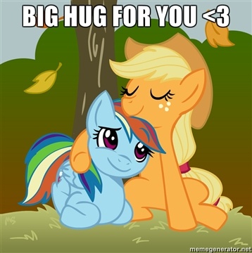 Size: 358x360 | Tagged: source needed, safe, artist:megasweet, derpibooru import, applejack, rainbow dash, earth pony, pegasus, pony, applejack's hat, artifact, autumn, cowboy hat, cute, dashabetes, duo, duo female, eyes closed, female, hat, heart, hug, jackabetes, mare, meme, memegenerator, prone, sitting, smiling, stetson, sweet dreams fuel, watermark