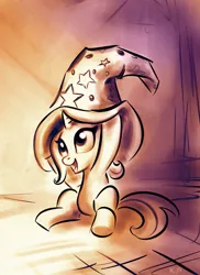 Size: 581x800 | Tagged: safe, artist:kp-shadowsquirrel, derpibooru import, trixie, pony, unicorn, clothes, cute, daaaaaaaaaaaw, diatrixes, female, filly, foal, happy, hat, hnnng, mare, open mouth, sitting, smiling, solo, trixie's hat, younger