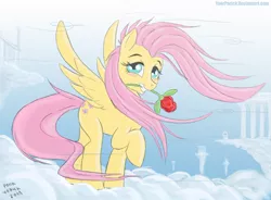 Size: 918x677 | Tagged: safe, artist:pooryorick, derpibooru import, fluttershy, pegasus, pony, cloud, cloudy, cutie mark, looking at you, mouth hold, raised hoof, rose, smiling, spread wings, windswept mane, windy, wings