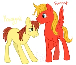 Size: 700x603 | Tagged: safe, artist:cartoonlion, derpibooru import, oc, oc:honeygold, oc:sunset, earth pony, pony, ear bite, foal, male, offspring, parent:big macintosh, parent:fluttershy, parents:fluttermac, stallion, twins