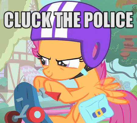 Size: 449x405 | Tagged: safe, derpibooru import, scootaloo, pegasus, pony, female, filly, fuck the police, house, image macro, scootachicken, tree