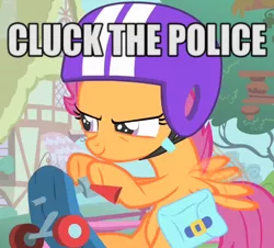 Size: 449x405 | Tagged: safe, derpibooru import, scootaloo, pegasus, pony, female, filly, fuck the police, house, image macro, scootachicken, tree