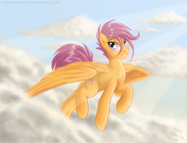 Size: 1202x923 | Tagged: safe, artist:pooryorick, derpibooru import, scootaloo, pegasus, pony, cloud, female, image, looking at you, mare, older, older scootaloo, on a cloud, one hoof raised, png, smiling, solo, spread wings, wings