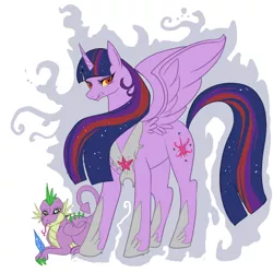 Size: 600x600 | Tagged: safe, artist:lulubell, derpibooru import, spike, twilight sparkle, twilight sparkle (alicorn), alicorn, dragon, pony, colored claws, duo, female, gem, hoof shoes, implied evil, male, mare, older, older spike, older twilight, peytral, simple background, tyrant sparkle, ultimate twilight, white background, winged spike, wings, yellow sclera
