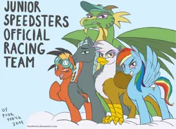 Size: 1418x1043 | Tagged: safe, artist:pooryorick, derpibooru import, gilda, rainbow dash, oc, oc:charger, dragon, gryphon, pegasus, pony, chest fluff, cloud, cutie mark, dragon oc, female, goggles, grin, hooves, image, jpeg, junior speedsters, male, mare, on a cloud, one eye closed, smiling, spread wings, stallion, standing on a cloud, standing on cloud, wings