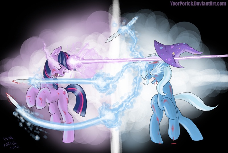 Size: 1115x750 | Tagged: semi-grimdark, artist:pooryorick, derpibooru import, ponibooru import, trixie, twilight sparkle, pony, unicorn, blood, female, fight, glowing eyes, laser, magic, magic blast, mare