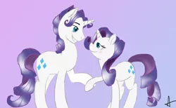 Size: 1344x827 | Tagged: safe, artist:arnachy, derpibooru import, rarity, pony, unicorn, adobe imageready, blushing, elusive, eye contact, female, gradient background, looking at each other, male, mare, rarilusive, rule 63, self ponidox, selfcest, shipping, stallion, straight