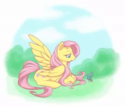 Size: 1162x1001 | Tagged: safe, artist:tabbykat, derpibooru import, fluttershy, bird, pegasus, pony, bush, female, lidded eyes, looking at something, looking down, mare, one wing out, outdoors, profile, prone, solo, wings