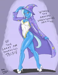 Size: 742x966 | Tagged: suggestive, artist:pooryorick, derpibooru import, trixie, anthro, unicorn, abs, breasts, busty trixie, cape, cleavage, clothes, curvy, female, hat, high heels, image, jpeg, leotard, magician outfit, solo, solo female, toned