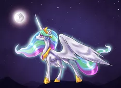 Size: 1280x934 | Tagged: artist:rriava, derpibooru import, glow, mare in the moon, moon, princess celestia, safe, solo, stars