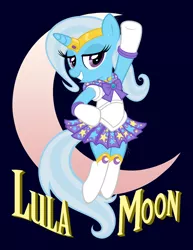 Size: 5100x6600 | Tagged: safe, artist:dentist73548, artist:tygerbug, derpibooru import, trixie, pony, unicorn, absurd resolution, bipedal, blue background, clothes, costume, crossover, female, mare, moon, photoshop, sailor moon, sailor scout, simple background, skirt, solo