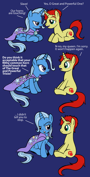 Size: 2944x5736 | Tagged: safe, artist:tygerbug, derpibooru import, trixie, oc, oc:sethisto, pony, unicorn, blue background, canon x oc, cape, clothes, comic, cute, female, great and powerful, horns are touching, male, mare, photoshop, ponysona, sethisto, sethxie, shipping, simple background, stallion, straight, third person, trixie's cape, tsundere, tsunderixie