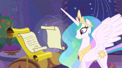 Size: 500x281 | Tagged: safe, derpibooru import, screencap, princess celestia, alicorn, pony, griffon the brush off, animated, crown, eyes closed, female, flower, frown, gritted teeth, jewelry, letter, looking up, magic, mare, open mouth, raised hoof, regalia, scroll, solo, spread wings, wings