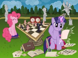 Size: 1024x768 | Tagged: artist:alevgor, book, chess, chessboard, chessboard incorrectly oriented, clock, derpibooru import, ink, magic, pinkie pie, safe, twilight sparkle