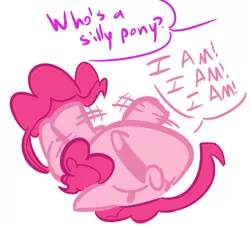 Size: 1100x1000 | Tagged: safe, artist:tess, derpibooru import, pinkie pie, pony, cute, hoofy-kicks, on back, open mouth, silly, silly pony, smiling, solo, truth, who's a silly pony