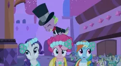 Size: 637x346 | Tagged: safe, derpibooru import, screencap, apple cobbler, bruce mane, coco crusoe, eclair créme, fine line, masquerade, maxie, minuette, north star, orion, pinkie pie, rainbow dash, rarity, royal ribbon, shooting star (character), spike, pony, a canterlot wedding, apple family member, bridesmaid dress, clothes, dress
