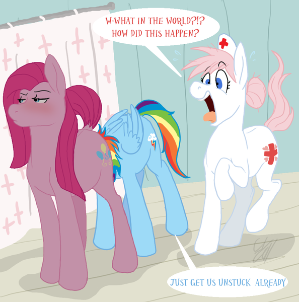 Size: 948x958 | Tagged: questionable, artist:cartoonlion, derpibooru import, nurse redheart, pinkie pie, rainbow dash, earth pony, pegasus, pony, party of one, alternate ending, anal vore, blushing, dialogue, dock, embarrassed, female, fetish, frown, head up plot, lesbian, mare, open mouth, pinkamena diane pie, raised hoof, raised tail, scene interpretation, speech bubble, standing, stuck, tongue out, unbirthing, vore, wide eyes, yelling