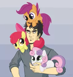 Size: 943x1000 | Tagged: safe, artist:tex, derpibooru import, apple bloom, scootaloo, sweetie belle, oc, oc:anon, oc:tex, human, pony, carrying, cutie mark crusaders, holding a pony, pony hat, scootahat