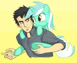 Size: 1113x919 | Tagged: safe, artist:tex, derpibooru import, lyra heartstrings, oc, oc:anon, oc:tex, human, pony, carrying, holding a pony, piggyback ride, ponies riding humans, riding