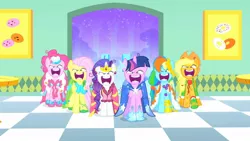 Size: 1280x720 | Tagged: applejack, clothes, derpibooru import, dress, edit, edited screencap, face swap, flutterrage, fluttershy, gala dress, mane six, pinkie pie, rainbow dash, rarity, safe, screencap, the best night ever, twilight sparkle, you're going to love me