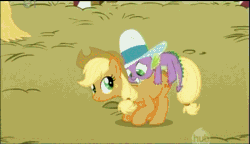 Size: 707x407 | Tagged: safe, derpibooru import, screencap, applejack, spike, dragon, earth pony, pony, fall weather friends, animated, bouncing, bucking, cowboy hat, dragons riding ponies, female, grin, gritted teeth, hat, hay, male, mare, nervous, open mouth, out of context, riding, smiling, stetson, ten gallon hat