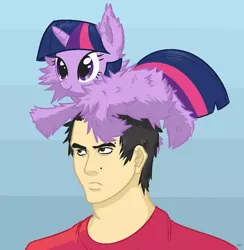 Size: 994x1017 | Tagged: safe, artist:tex, derpibooru import, twilight sparkle, oc, oc:tex, human, pony, unicorn, balancing, blue background, cute, female, fluffy, frown, glare, hat, mare, mole, pony hat, prone, simple background, smiling, unamused