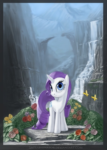 Size: 752x1055 | Tagged: artist:saurabhinator, derpibooru import, rarity, safe, scenery, solo, waterfall