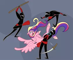 Size: 1013x826 | Tagged: action pose, artist:egophiliac, choking, derpibooru import, fight, human, magic, ninja, princess cadance, safe, spread wings, staff, sword, telekinesis, weapon