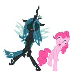 Size: 2904x2917 | Tagged: safe, artist:nianara, derpibooru import, pinkie pie, queen chrysalis, changeling, changeling queen, earth pony, pony, bipedal, cute, cutealis, dancing, diapinkes, eyes closed, fangs, female, floppy ears, happy, high res, image, mare, open mouth, png, simple background, smiling, transparent background