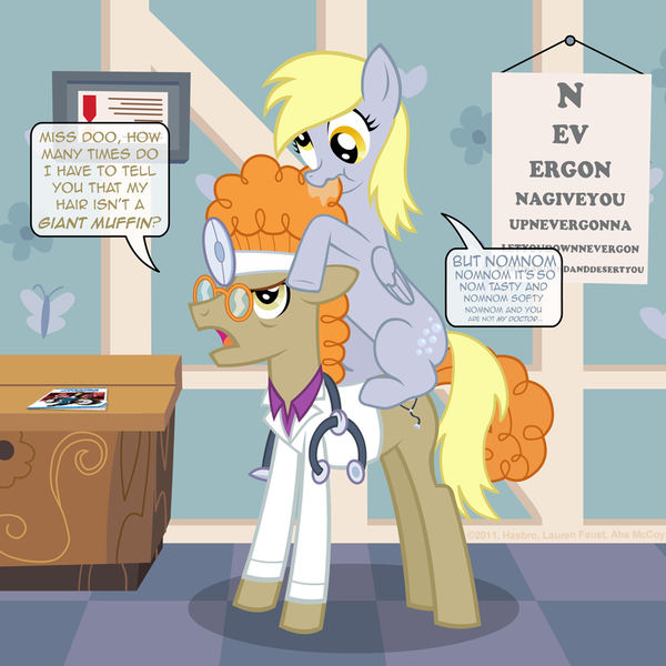 Size: 900x900 | Tagged: safe, artist:aha mccoy, derpibooru import, derpy hooves, doctor muffin top, hippocrates, horse md, pegasus, pony, doctor, eye chart, female, head mirror, implied doctorderpy, mare, rick astley, rickroll