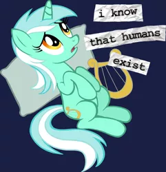 Size: 4309x4476 | Tagged: safe, artist:tygerbug, derpibooru import, lyra heartstrings, human, pony, unicorn, fanfic:anthropology, absurd resolution, artifact, blue background, cutie mark, female, hooves, horn, humie, mare, on back, open mouth, photoshop, pillow, sad, simple background, solo