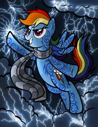 Size: 2550x3309 | Tagged: safe, artist:tygerbug, derpibooru import, rainbow dash, pegasus, pony, fanfic:it's a dangerous business going out your door, clothes, female, flying, grin, high res, lightning, mare, photoshop, scarf, solo, tattoo