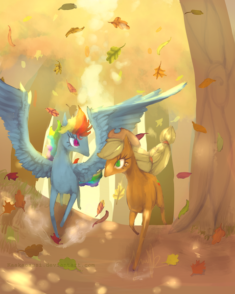 Size: 1024x1280 | Tagged: applejack, artist:kaakaosusi, autumn, derpibooru import, rainbow dash, running, running of the leaves, safe, spread wings, tree