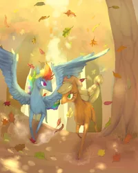 Size: 1024x1280 | Tagged: applejack, artist:kaakaosusi, autumn, derpibooru import, rainbow dash, running, running of the leaves, safe, spread wings, tree
