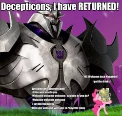 Size: 960x914 | Tagged: a friend in deed, bipedal, cider, crossover, derpibooru import, happy, hoof hold, hot nuts, hub logo, impact font, megatron, pinkie pie, safe, transformers, welcome song