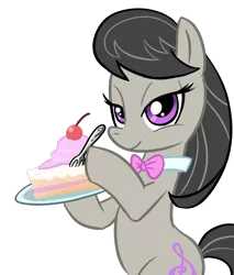 Size: 853x1000 | Tagged: safe, artist:madmax, derpibooru import, octavia melody, earth pony, pony, bipedal, cake, female, mare, simple background, smiling, solo, transparent background