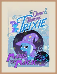 Size: 587x768 | Tagged: safe, artist:purpletinker, derpibooru import, trixie, pony, unicorn, ursa major, female, mare, poster, smiling, solo, trixie's cape, trixie's hat