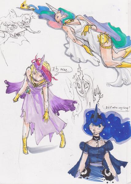 Size: 2326x3269 | Tagged: a canterlot wedding, artist:asterdog, derpibooru import, dialogue, high res, humanized, injured, princess cadance, princess celestia, princess luna, queen chrysalis, safe, scene interpretation, sketch dump, traditional art, twilight sparkle