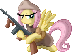 Size: 11328x8654 | Tagged: safe, artist:tygerbug, derpibooru import, fluttershy, pegasus, pony, absurd resolution, bonnie and clyde, bonnie parker, clothes, costume, female, flutterbadass, gun, mare, noir, photoshop, serious face, simple background, solo, submachinegun, tommy gun, transparent background