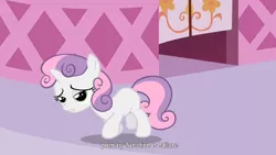 Size: 1248x702 | Tagged: safe, derpibooru import, screencap, sweetie belle, pony, robot, robot pony, unicorn, friendship is witchcraft, blank flank, female, filly, foal, hooves, horn, neigh soul sister, solo, subtitles, sweetie bot, teeth, youtube caption