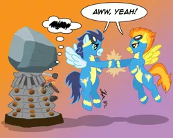 Size: 1000x800 | Tagged: artist:the_gneech, crossover, dalek, derpibooru import, dialogue, doctor who, goggles, gradient background, hoofbump, part of a set, safe, soarin', spitfire, tom, wonderbolts, wonderbolts uniform