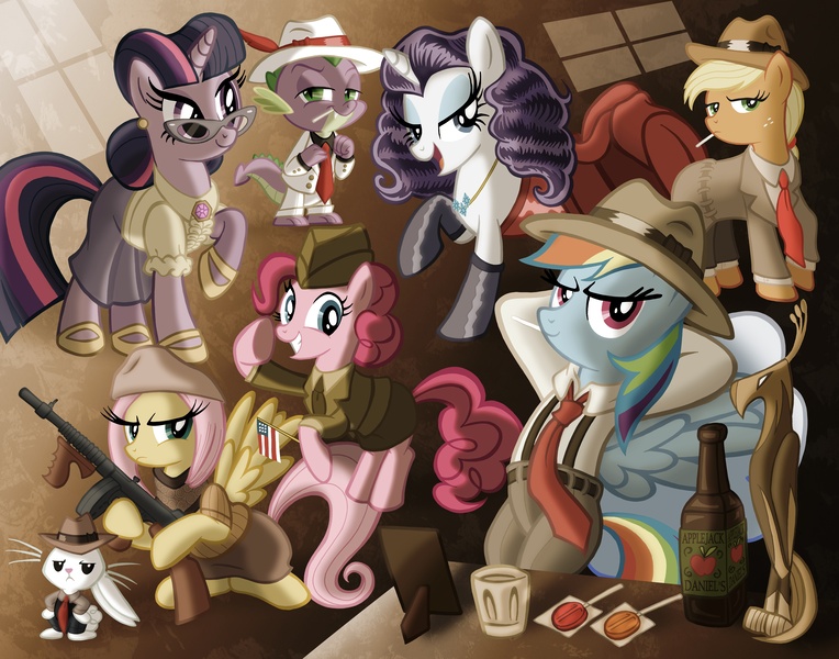 Size: 8400x6600 | Tagged: safe, artist:tygerbug, derpibooru import, angel bunny, applejack, fluttershy, philomena, pinkie pie, rainbow dash, rarity, spike, twilight sparkle, dragon, earth pony, pegasus, pony, unicorn, absurd resolution, alcohol, badass, bipedal, bonnie and clyde, bottle, clothes, costume, dress, female, flag, flutterbadass, glass, glasses, gun, hat, joan crawford, male, mane seven, mane six, mare, necklace, necktie, noir, pet, photoshop, rita hayworth, tommy gun, trenchcoat, weapon