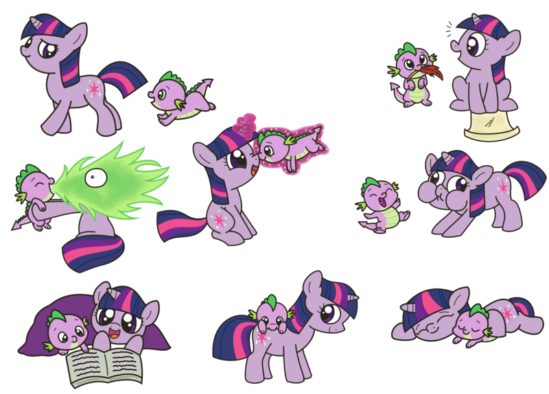 Size: 2321x1669 | Tagged: safe, artist:kukimao, derpibooru import, spike, twilight sparkle, dragon, pony, unicorn, :t, adorkable, baby, baby dragon, baby spike, biting, blanket, book, boop, cute, cutie mark, derp, dork, eyes closed, feather, female, filly, fire, foal, funny face, green fire, laughing, levitation, magic, male, mama twilight, mouth hold, nibbling, nom, noseboop, open mouth, prone, puffy cheeks, quill, reading, scroll, simple background, sitting, skipping, sleeping, smiling, spikabetes, spikelove, telekinesis, terminally cute, transparent background, twiabetes, unicorn twilight, walking, wide eyes