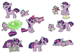 Size: 2321x1669 | Tagged: safe, artist:kukimao, derpibooru import, spike, twilight sparkle, dragon, pony, unicorn, :t, adorkable, baby, baby dragon, baby spike, biting, blanket, book, boop, cute, cutie mark, derp, dork, eyes closed, feather, female, filly, fire, foal, funny face, green fire, laughing, levitation, magic, male, mama twilight, mouth hold, nibbling, nom, noseboop, open mouth, prone, puffy cheeks, quill, reading, scroll, simple background, sitting, skipping, sleeping, smiling, spikabetes, spikelove, telekinesis, terminally cute, transparent background, twiabetes, unicorn twilight, walking, wide eyes