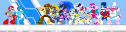 Size: 2549x658 | Tagged: applejack, applejack (male), artist:terry, bass (megaman), bubble berry, butterscotch, crossover, darkhorse knight, derpibooru import, dusk shine, elusive, fluttershy, megaman, nightmare moon, pinkie pie, prince bolero, princess cadance, proto man, rainbow blitz, rainbow dash, rarity, robot, robot master, rule 63, safe, shining armor, twilight sparkle