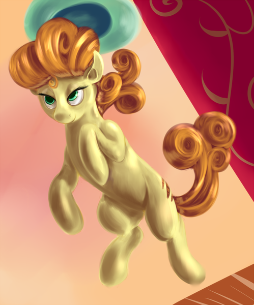 Size: 832x1000 | Tagged: safe, artist:sb, derpibooru import, carrot top, golden harvest, earth pony, pony, colored pupils, female, floating, hat, jumping, mare, solo